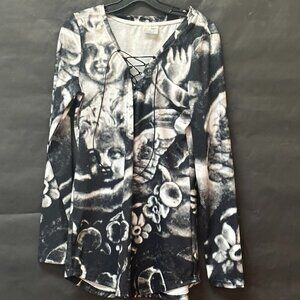 Gorham Cherub Floral Peasant Tunic Cottagecore Size XL Long Sleeve Top Tie up